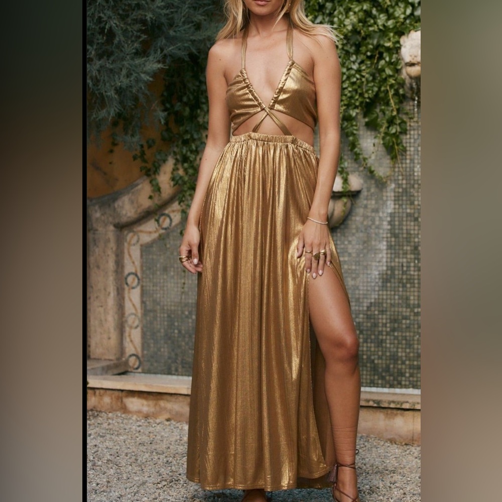 12th Tribe Metallic Gold Halter Maxi Dress